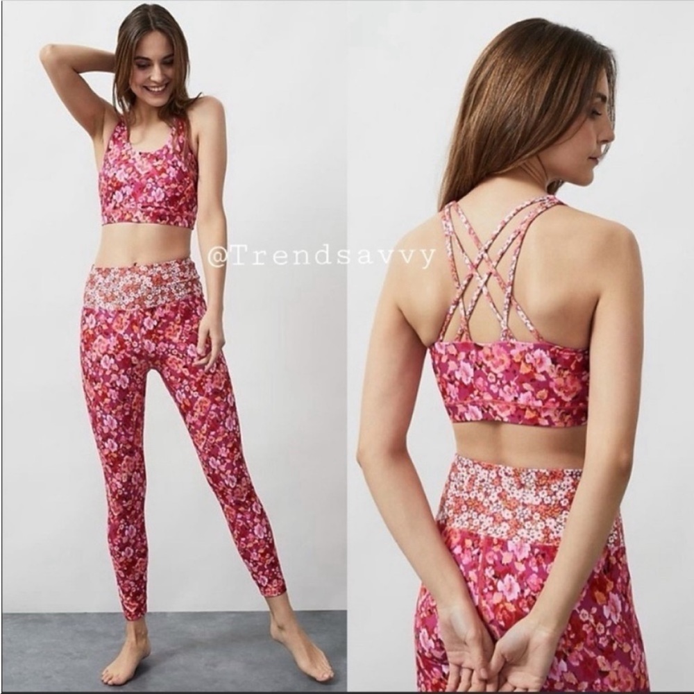 Anthropologie Kachel Pink Floral Activewear Set XS Sports Bra High Rise Leggings
